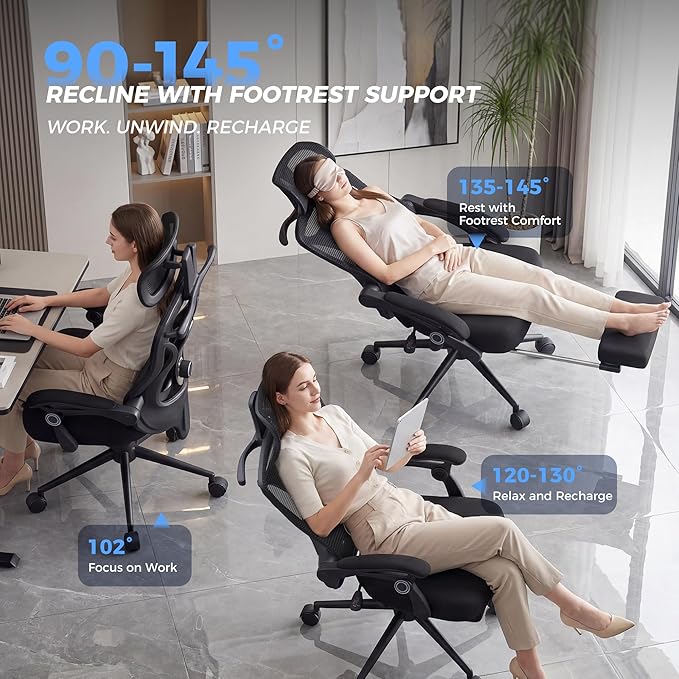 CYKOV Ergonomic Office Chair with Footrest - Adjustable Lumbar Support & Headrest, 90-135° Reclining Mesh Back Computer Chair - Home Office/Gaming, 350lbs Capacity