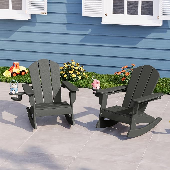 Costaelm Paradise Kids Outdoor Preschool HDPE Plastic Classic Adirondack Rocking Chair (Set of 2), Gray