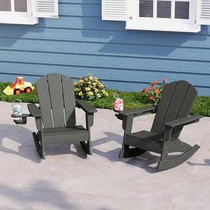 Costaelm Paradise Kids Outdoor Preschool HDPE Plastic Classic Adirondack Rocking Chair (Set of 2), Gray