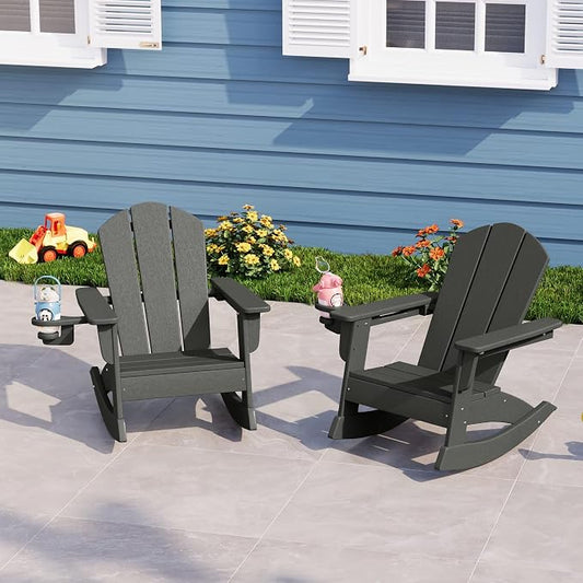 Costaelm Paradise Kids Outdoor Preschool HDPE Plastic Classic Adirondack Rocking Chair (Set of 2), Gray