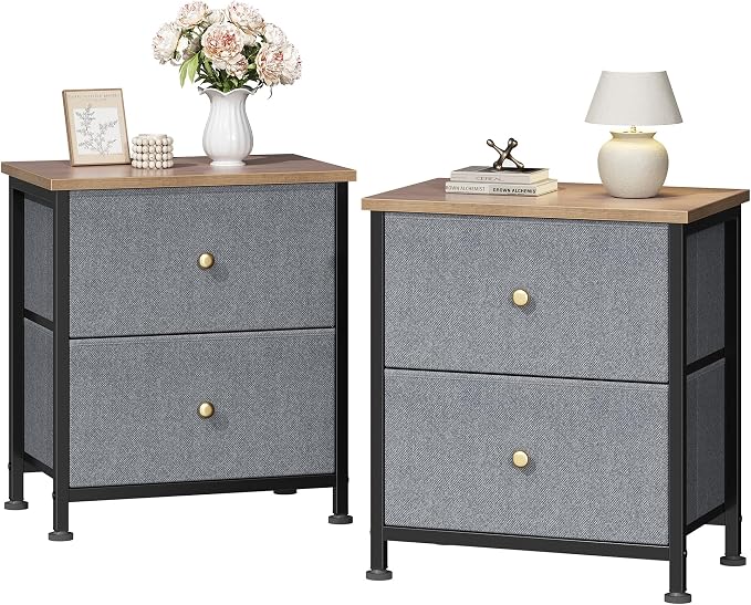 DUMOS Nightstand Set of 2, Bedside Table for Bedroom, Small Dresser | Side/End Table with 2 Fabric Drawers, Storage Cabinet Furniture, 20 Inch Night Stand for Closet, Entryway, Blue 2Pack