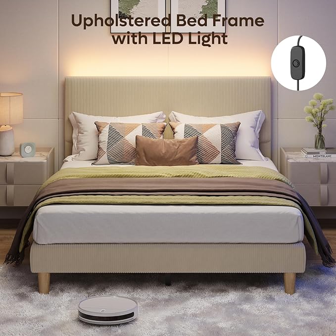 Bestier Queen Size Bed Frame with Headboard LED Lighting,Upholstered,Taupe | Easy Assembly,LED Light Headboard,No Squeaks,Vertical Channel Corduroy Upholstered,Wood Slats Support,No Box Spring Needed