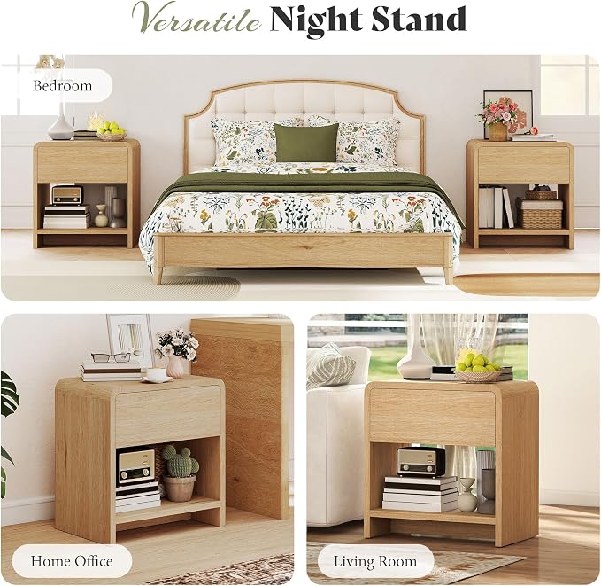 AMERLIFE Modern 3-Piece Bedroom Furniture Set with 5-Drawer Dresser and 2 Nightstands, Large Storage Capacity, Rounded Corners, Flexible Combination Design, Anti-Tip Kit Included, Light Oak
