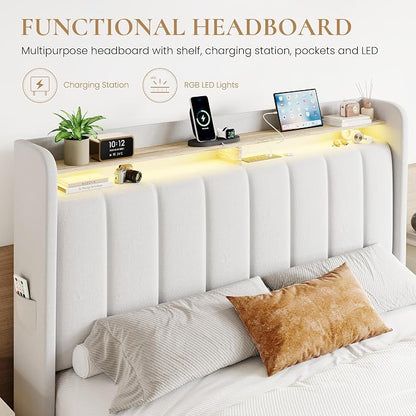 SHA CERLIN Velvet Full Size Bed Frame with Vertical Channel Tufted Wingback Headboard & 2 Storage Drawers/2-Tier Shelves with LED Lights & Charging Station/Noise-Free/No Box Spring Needed/White