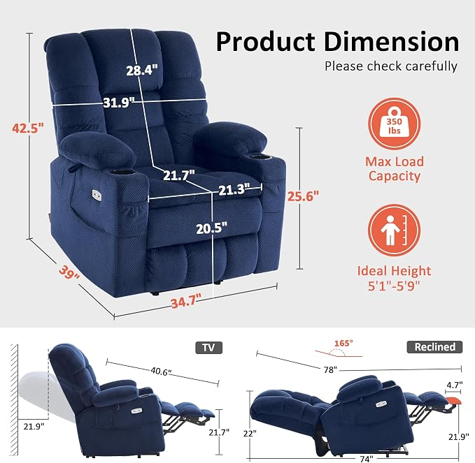 MCombo Triple Motor Power Lift Recliner Chair with Massage and Dual Heating, Adjustable Headrest for Elderly People, Fabric 7632 (Navy Blue, Medium)