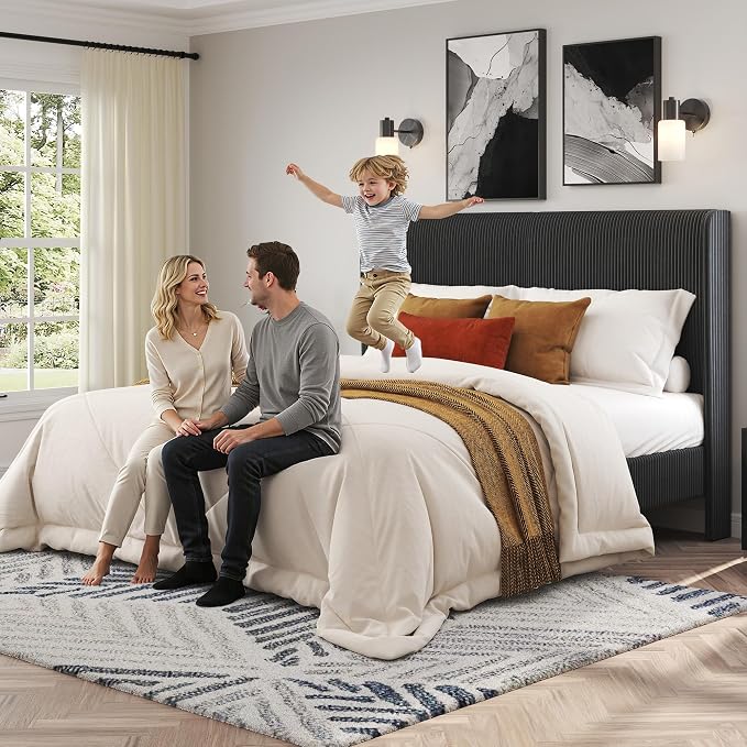 AMERLIFE Full Bed Frame, Upholstered Platform Bed with Corduroy Headboard, Easy Assembly Modern Black Bed Frame with Wooden Slats Support, No Box Spring Needed