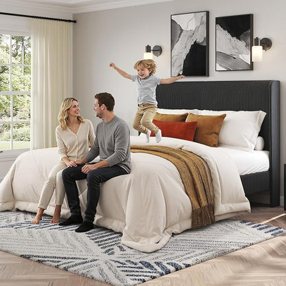 AMERLIFE Queen Bed Frame, Upholstered Platform Bed with Corduroy Headboard, Easy Assembly Modern Black Bed Frame with Wooden Slats Support, No Box Spring Needed