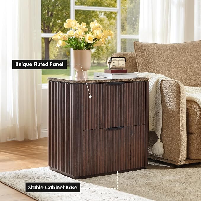 Fluted Nightstands Set 2 with Faux Marble Top, Modern Bedside Table | FSC-Certified Engineered Wood, 24" H, 2 Drawers, Rounded Corner, Metal Handle, for Bedroom, Dark Oak