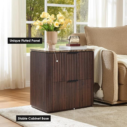 Fluted Nightstands Set 2 with Faux Marble Top, Modern Bedside Table | FSC-Certified Engineered Wood, 24" H, 2 Drawers, Rounded Corner, Metal Handle, for Bedroom, Dark Oak