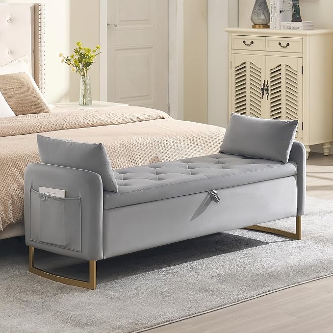 65" End of Bed Storage Bench, Storage Bench for Bedroom with Tufted Button Upholstered and Gold Legs, Ottoman Bedroom Benches with Armrests for Living Room Window, Light Grey
