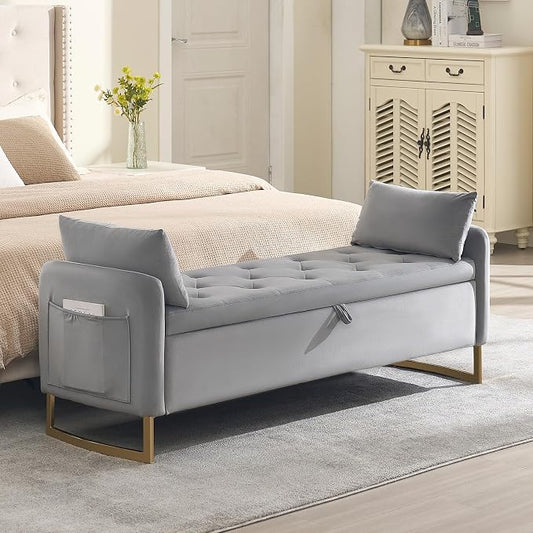 65" End of Bed Storage Bench, Storage Bench for Bedroom with Tufted Button Upholstered and Gold Legs, Ottoman Bedroom Benches with Armrests for Living Room Window, Light Grey