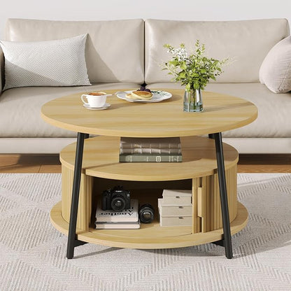 31.5 Inch Round Coffee Table with Storage, Fluted Coffee Tables with 2 Tiers, Mid-Century Modern Center Table with 2 Sliding Doors and Adjustable Footpad for Living Room, Oak
