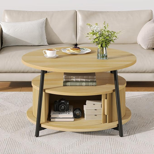 31.5 Inch Round Coffee Table with Storage, Fluted Coffee Tables with 2 Tiers, Mid-Century Modern Center Table with 2 Sliding Doors and Adjustable Footpad for Living Room, Oak