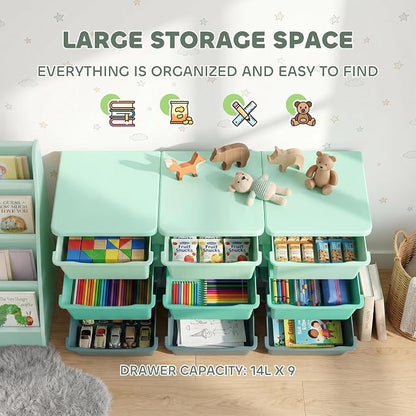 Qaba 9 Drawers Kids Storage Unit, 3 Tier Stackable Toy Organizers and Storage Chest for Bedroom, Nursery, Playroom, Living Room, Boys, Girls, Toddlers, Green