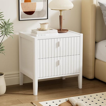 Furniway Nightstand Set of 2, Modern End Table with Solid Wood Legs, Bedside Table with 2 Drawers and Metal Handles for Bedroom, White