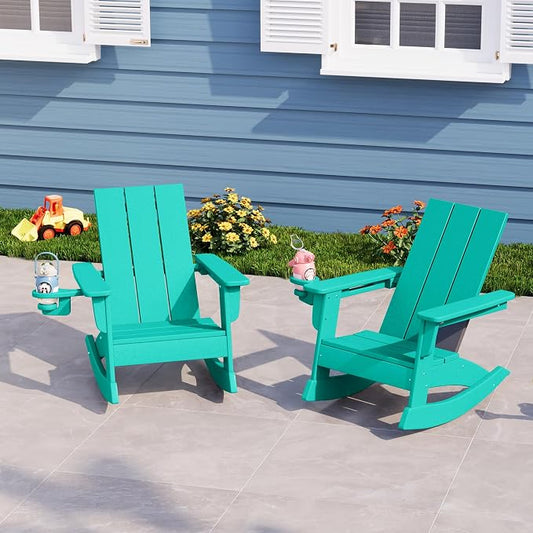 Costaelm Palms Kids Outdoor Preschool HDPE Plastic Modern Adirondack Rocking Chair (Set of 2), Turquoise