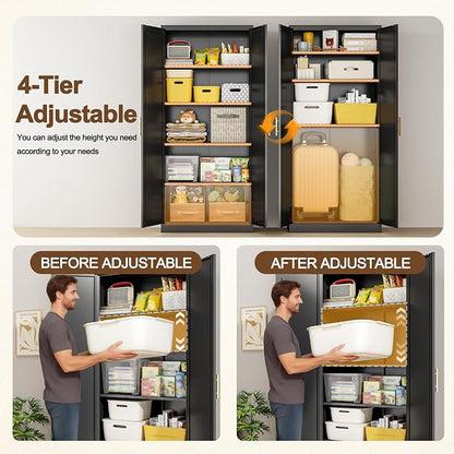 71" H Kitchen Storage Cabinet with 4 Adjustable Shelves, Metal Pantry Cabinet, Pantry Organizers and Storage Cabinet for Kitchen, Bathroom, Living Room (Black)