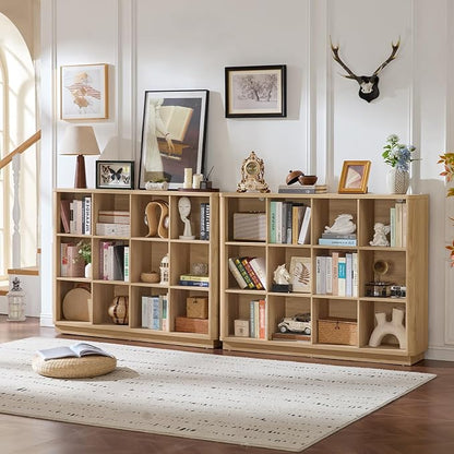 Joaxswe 12 Cube Storage Organizer, 41" Large Bookshelf with Curved Edge, Wood Floor Standing 3-Tier Cubby Bookcase with Base, Rustic Display Storage Cabinet for Living Room, Home Office, Natural Oak