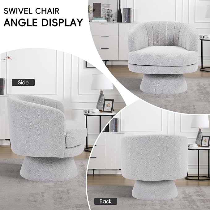 CANMOV Swivel Accent Chair with Armrest, Modern 360 Degree Swivel Barrel Chair with Curve Back and Soft Cushion,Comfy Round Sherpa Teddy Armchair Single Sofa for Living Room,Bedroom, Light Grey