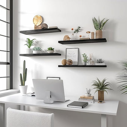 YYWUOJJ Wood Floating Shelves for Wall Decor, Rustic Wall Shelves for Bedroom Bathroom Kitchen Living Room, Set of 4 Black 24 Inch