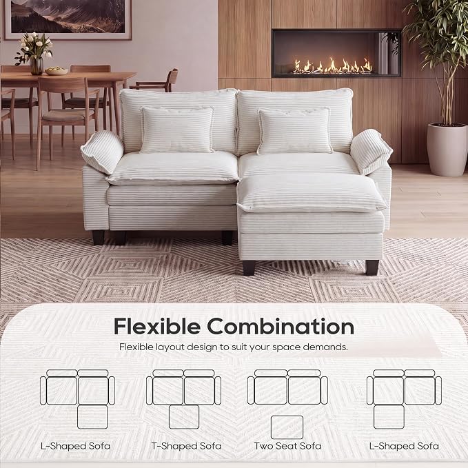 URRED Oversized Modular Sectional Sofa, 87" L Shaped Modern Comfy Cloud Couch with Movable Ottoman & Pillows, Deep Seat Couches for Living Room, Bedroom or Apartment (Corduroy Beige, 87" L Shaped)