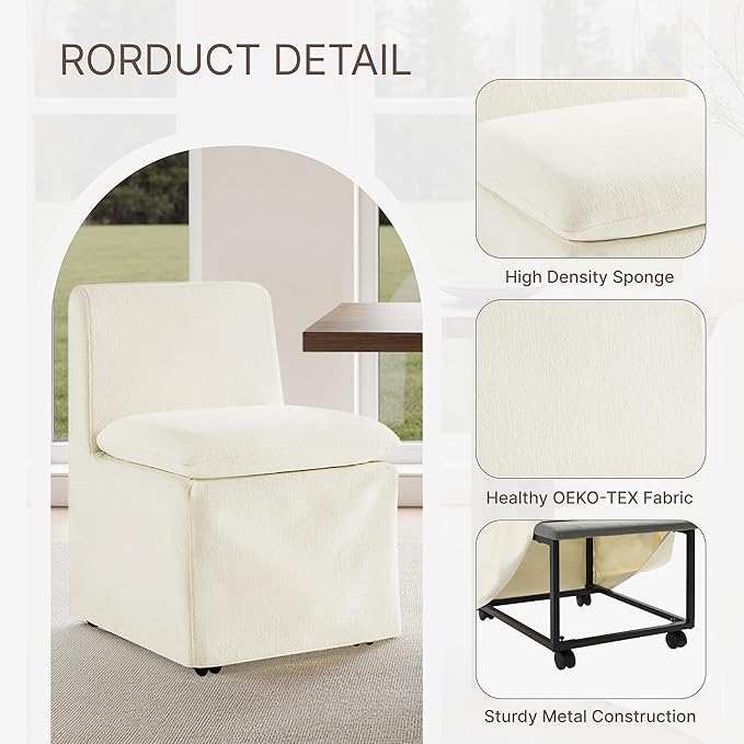 KISLOT Upholstered Dining Chairs Set of 4 with Casters, Modern Armless Kitchen Chairs with Removable Washable Cover, Chenille Velvet Fabric, Sturdy Metal & Wood Frame, 19.5" Seat Height, Linen