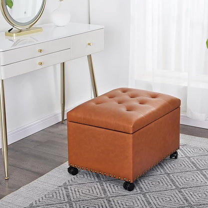 Joveco PU Leather Rolling Storage Ottoman, 24" Tufted Lid, Nailhead Trim & Hidden Storage,Elegant Footrest & Organizer on Caster Wheels for Living Room, Bedroom, Entryway(Orange Brown,Wheels)