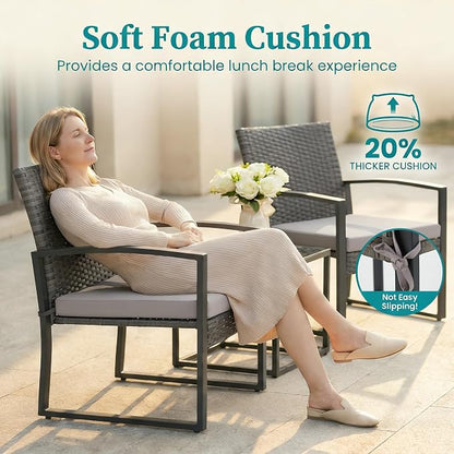 Bezseller 3 Pieces Patio Furniture Set, Outdoor Rattan Bistro Set with Coffee Table, Durable Steel Frame with Strapped Cushions for Garden, Balcony, Poolside, Backyard