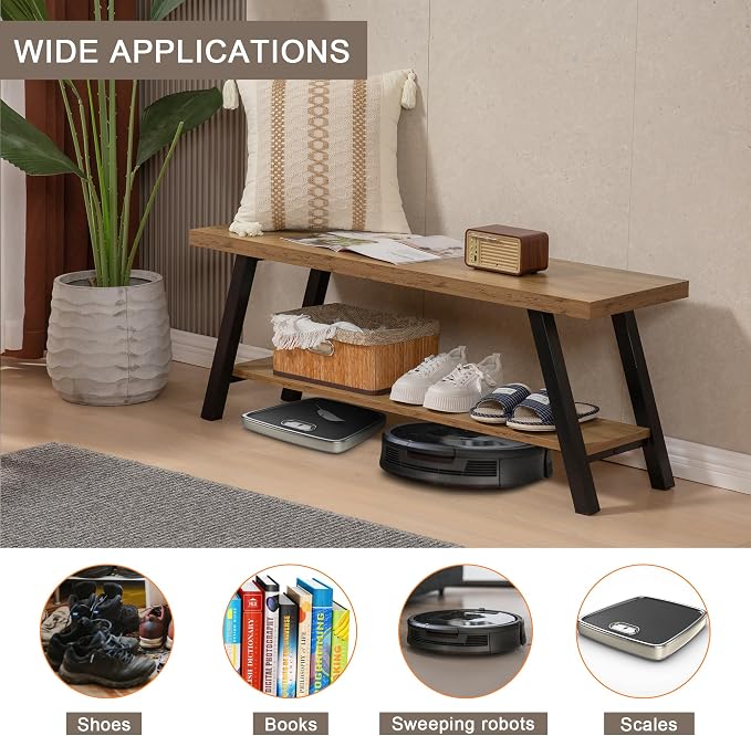 SUNTAGE Entryway Bench, Farmhouse Indoor Entry Way Shoe Benches Seat, Industrial Metal Shoe Storage Bench Organizer for Living Room, Bedroom, Hallway (Rustic Oak)