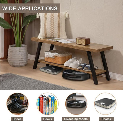 SUNTAGE Entryway Bench, Farmhouse Indoor Entry Way Shoe Benches Seat, Industrial Metal Shoe Storage Bench Organizer for Living Room, Bedroom, Hallway (Rustic Oak)