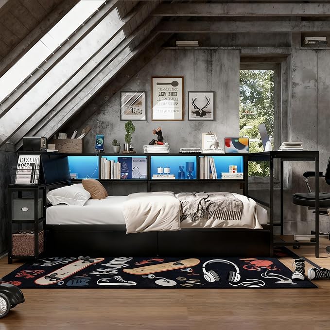 Bellemave Full Size Corner Bed Frame with Storage Drawers, Bookcase and Side Desk, Full Corner Bed with Light and Charging Station, Daybed for Bedroom, Living Room, Guest Room Black