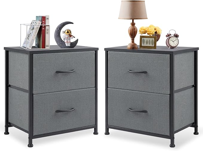 DUMOS Nightstand Set of 2, Small Dresser with 2 Fabric Drawers Side Bedroom End Table Kids Bedside Storage Furniture for 25 inch Tall Night Stand for Closet, Entryway, College Dorm, Ash