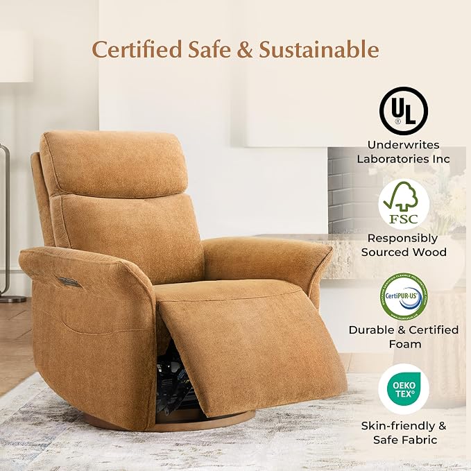 CHITA Power Recliner Chair, Electric Triple-Motor Swivel Glider Nursery Rocking Chair with Adjustable Power Headrest and Lumbar Support, GREENGARD Gold Certified, Solid Wood Base, Cognac