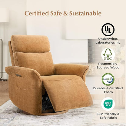 CHITA Power Recliner Chair, Electric Triple-Motor Swivel Glider Nursery Rocking Chair with Adjustable Power Headrest and Lumbar Support, GREENGARD Gold Certified, Solid Wood Base, Cognac