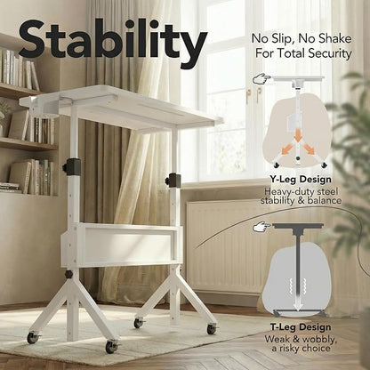 HUANUO Mobile Standing Desk with Wheels and Storage Basket, Height Adjustable 28.7"-46.1" Rolling Desk for Walking Pad, Small Space Laptop Computer Workstation for Home Office,White