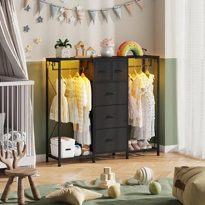 HIGDBFE 5-Drawer Dresser with 2 Hanging Racks, Black, 49.2" W | LED Lights&Charging Station, Hooks, Wooden Top, Fabric Drawer, Dresser TV Stand for Bedroom, Dorm