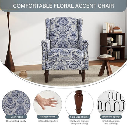 High Back Accent Chairs Set of 2, Fabric Wingback Chair Floral Upholstered Armchair for Living Room, Retro Comfy Single Sofa Bedroom Reading Seat with Solid Wood Legs - Navy