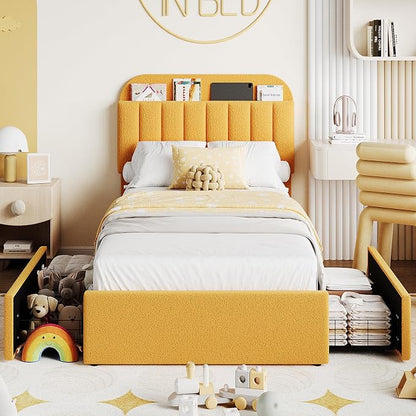 IDEALHOUSE Twin Bed Frame for Kids, Boucle Upholstered Platform Bed for Boys/Girls with 2 Flexible Drawers, Bookcase Headboard, Noise-Free, Easy Assembly, No Box Spring Needed, Yellow