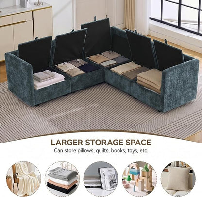 80" Blue Modular Storage Sofa, V Shaped Chenille Cloud Couch with Armrest | Oversized Convertible Sectional Sofa, 5-Seat Sectional Couch With Armrests, Large Cloud Couch For Living Room, Apartment.