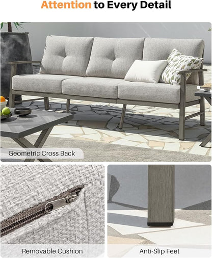 3 Seats Patio Furniture Sofa, Outdoor Aluminum Couch with 5.9'' Soft Cushion, 3-Seater All-Weather Outdoor Patio Furniture Sofa Couch for Balcony, Poolside, Lawn, Limed Oak