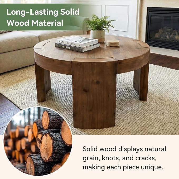 Solid Wood Round Coffee Table, 31.5-Inch Farmhouse Circle Center Cocktail Tea Table for Living Room, Wood Home Living Room Furniture, Easy Assembly, Rustic Brown