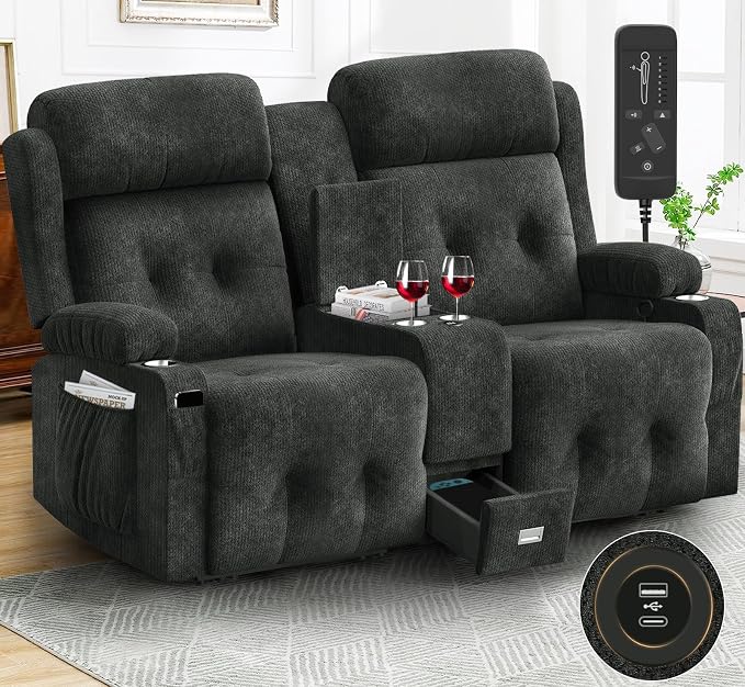Fabric Reclining Loveseat, Massage Loveseat Recliner Sofa Heavy Weight Capacity, RV Love Seat Chair Clearance with Console, USB, Type C Port, Storage, Cup Holders, Wall Hugger Couch for Living Room