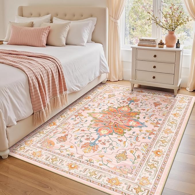 RELEANY Area Rugs 4'x5' Washable Non-Slip, Floral Vintage Distress Medallion Carpet for Living Room Bedroom Dining Room, Light Pink Colorful