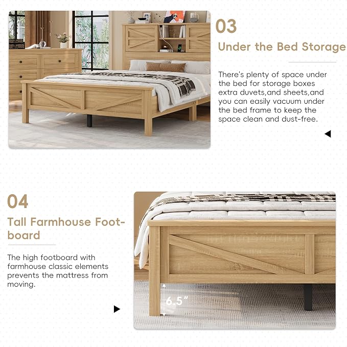 Farmhouse 3-Pieces Bedroom Sets, Queen Size Platform Bed with a Nightstand and 6-Drawer Storage, Wood Platform Bed with Double Sliding Door Storage Headboard and Charging Station (Queen)