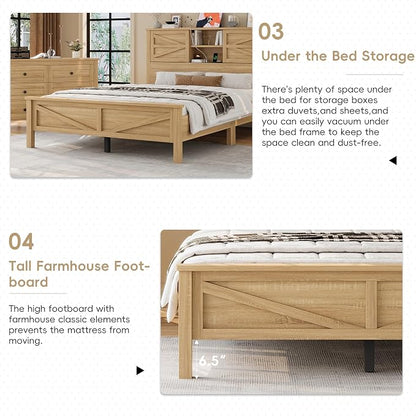 Farmhouse 3-Pieces Bedroom Sets, Queen Size Platform Bed with a Nightstand and 6-Drawer Storage, Wood Platform Bed with Double Sliding Door Storage Headboard and Charging Station (Queen)