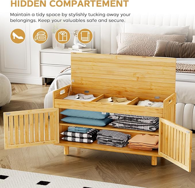 oakvivo Bamboo 35.4in Shoe Storage Bench with Lift Top Storage & Padded Seat Cushion, 2-Tier Shoe Rack Cabinet with 2 Doors for Entryway, Living Room, Bedroom, Mudroom, Natural