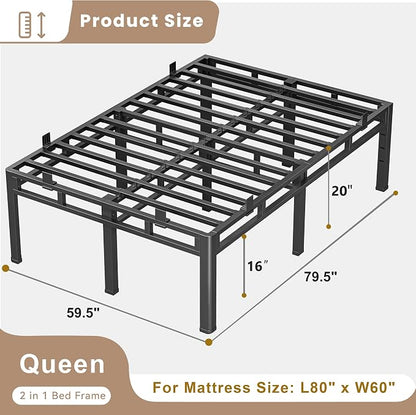 ROIL 20 Inch Queen Size Bed Frame, Metal Bed Frame & Box Spring 2 in 1 Platform with Round Corner Legs, 4000LBS Double Layer Bed Frame with Headboard Holes Mattress Baffles, Noise-Free Easy Assembly