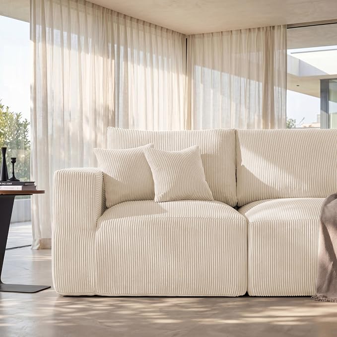 Modular Sectional Sofa Bed with Chaise, 115" Memory Foam Cloud Couch, Boneless Corduroy Upholstered Floor Couch, No Assembly Required Living Room Furniture for Apartment Home, Beige