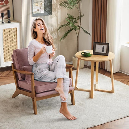 Karl home Mid-Century Lounge Accent Chair, Pink | Wide Curved Armrest, Linen Fabric, Lumbar Pillow Included, Solid Wood Frame, For Living Room, Bedroom, Balcony, Apartment