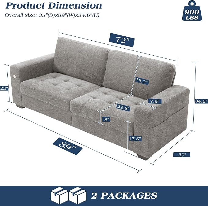 WorthFurni Sofas for Living Room, Chenille Loveseat Couch Set, Small Sofa, 3 Seater Sofa, USB Charging, Removable Sofa Cover,Solid Wood Frame, Easy to Install(89inch,Grey)